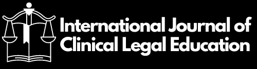 White text on a black background saying "International journal of clinical legal education There is a white logo of  a scales on top of an open book.