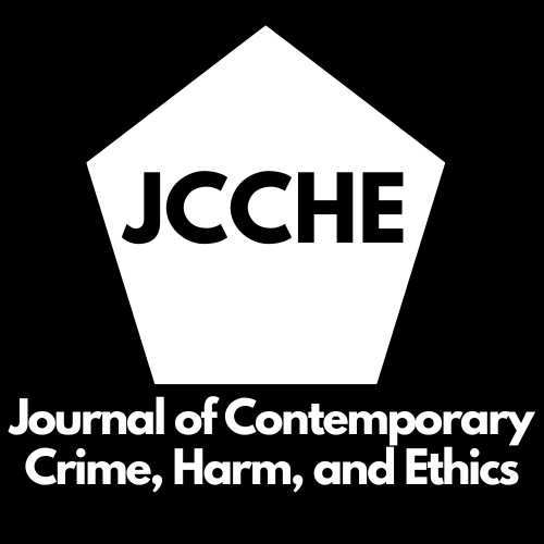 A white pentagon on a blackbackground with the letters "JCCHE" in the middle, with the title of the journal "Journal of Contemporary Crime, Harm, Ethics