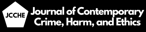 A white pentagon on a blackbackground with the letters "JCCHE" in the middle, with the title of the journal "Journal of Contemporary Crime, Harm, Ethics