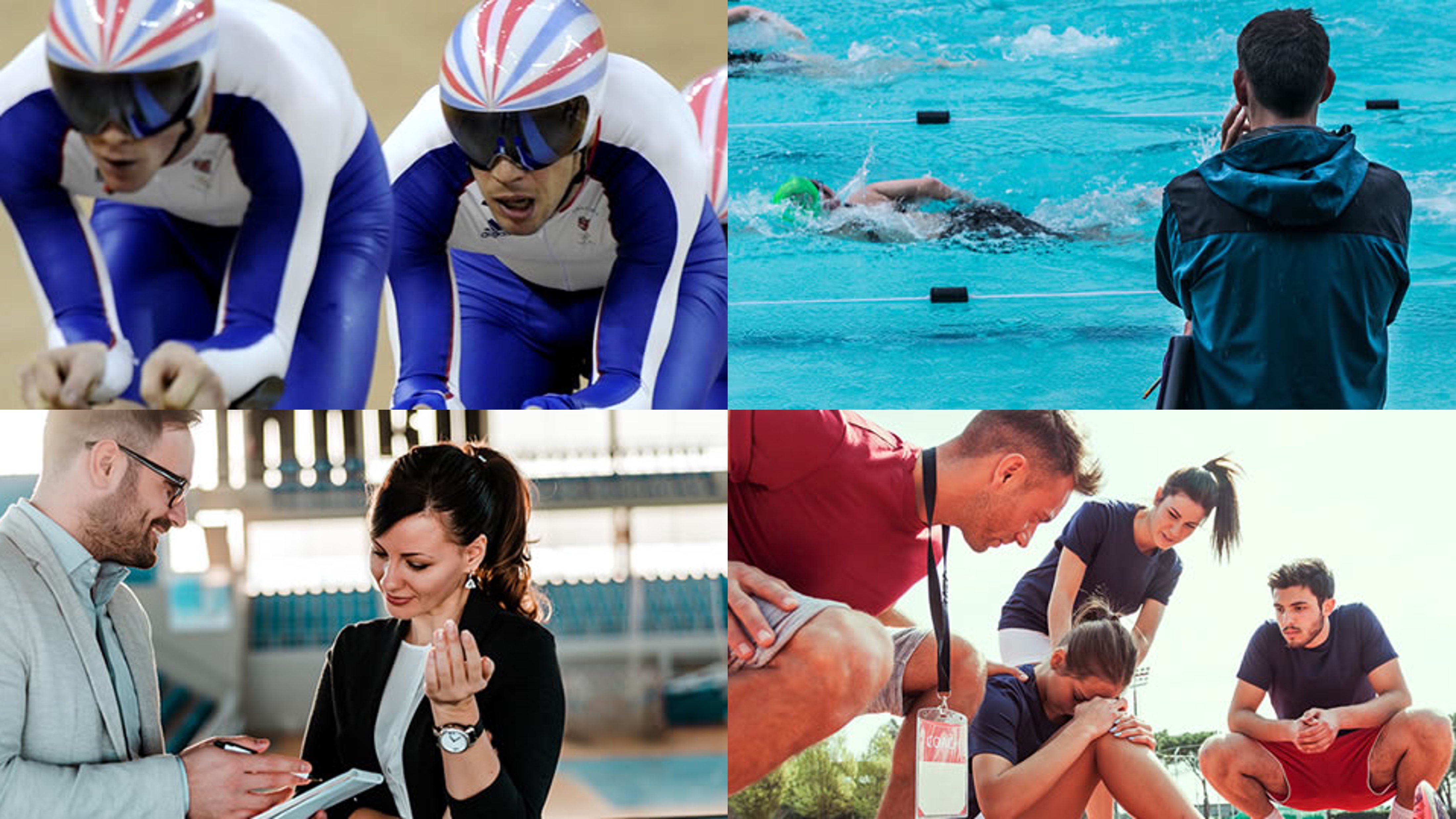 A 4 panel image showing different photos of sports and sports science related activities. There are people cycling, swimming, discussing and coaching after a tough race.