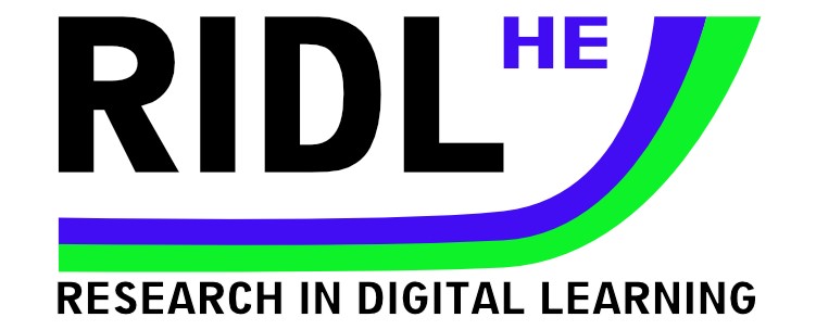 A black, blue and green logo against a white background with the initials RIDLHE, accompanied by text below which reads Research in Digital Learning.