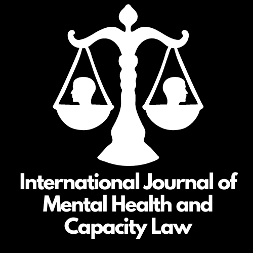 White text on a black background saying "International journal of mental health and capacity law". There is a logo of scales with two heads looking left and right on each side of the scales.