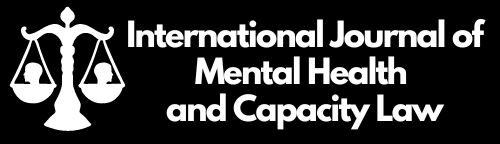 White text on a black background saying "International journal of mental health and capacity law". There is a logo of scales with two heads looking left and right on each side of the scales.